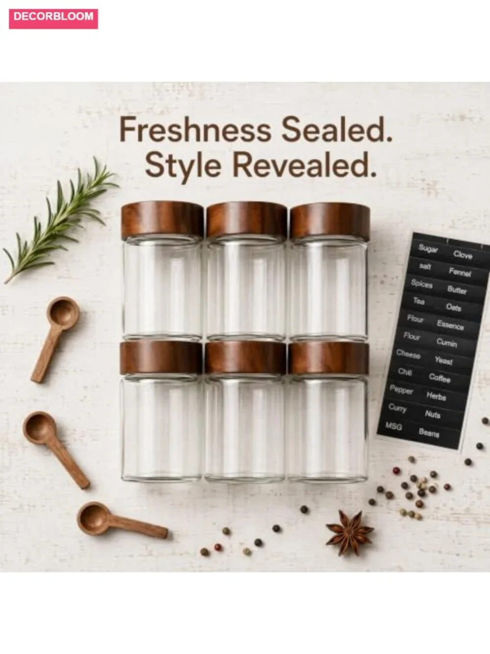 6-Pack Stackable Glass Jars with Acacia Wood Lids & Spoons, Airtight Food